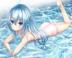  1girl ass barefoot blue_eyes blue_hair casual_one-piece_swimsuit denpa_onna_to_seishun_otoko leg_lift long_hair lying on_stomach one-piece_swimsuit smile solo sparkle swimsuit touwa_erio water wet wet_swimsuit 
