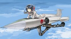  1girl airplane ass black_hair blue_eyes blue_sky bodysuit clouds f-104 flying helmet kuuro_kuro military original short_hair sky smile solo 