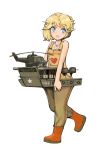  1girl :d ankle_boots armored_troop_carrier arrow arrow_through_heart bare_shoulders blonde_hair blue_eyes blush boat boots dog_tags heart helicopter jewelry kuuro_kuro leg_up looking_away looking_to_the_side necklace open_mouth original overalls personification short_hair simple_background smile solo star walking white_background 