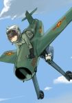  1girl airplane ass black_gloves blue_sky bodysuit brown_hair clouds flying gloves grey_eyes grin helmet kuuro_kuro mig-17 military original short_hair sky smile solo 