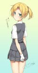  1girl blonde_hair blush gloves kantai_collection maikaze_(kantai_collection) ponytail school_uniform short_hair skirt solo takayaki translation_request 