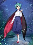  1girl antennae cape full_body green_eyes green_hair kumadano long_sleeves looking_to_the_side mary_janes nature night open_mouth pants shirt shoes short_hair smile socks solo touhou white_legwear wriggle_nightbug 