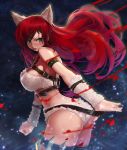  1girl animal_ears anklet arm_warmers armpits arms_at_sides ass belt breasts cowboy_shot from_behind goomrrat green_eyes highres jewelry katarina_du_couteau league_of_legends long_hair looking_at_viewer midriff off_shoulder redhead scar scar_across_eye sideboob solo tongue tongue_out 