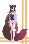  1girl alternate_costume animal_ears bare_legs barefoot brown_hair casual chemise closed_eyes collarbone fang highres imaizumi_kagerou long_hair namauni off_shoulder open_clothes open_mouth open_shirt shirt shorts signature solo tail touhou very_long_hair walking wolf_ears wolf_tail yawning 