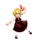  1girl :d absurdres blonde_hair hair_ribbon highres open_mouth outstretched_arms qbthgry red_eyes ribbon rumia shirt short_hair skirt smile spread_arms touhou transparent_background vest 