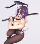  1girl and animal_ears breasts brown_legwear bunnysuit cleavage detached_collar eyepatch fake_animal_ears kantai_collection necktie pantyhose purple_hair rabbit_ears sheath sheathed short_hair smile solo sword tenryuu_(kantai_collection) tongue tongue_out weapon yellow_eyes 