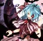  1girl bat bat_wings belt blood blood_from_mouth blue_hair brooch capelet cravat fangs fingernails index_finger_raised jewelry leaning_back looking_at_viewer nail_polish no_hat no_skin open_mouth red_eyes red_nails remilia_scarlet sharp_fingernails short_hair sinkai slit_pupils solo touhou wings wrist_cuffs 