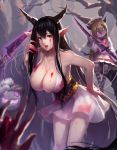  1girl black_hair blood blood_stain blush breasts cleavage crimson_k_night danua dress granblue_fantasy highres horns jewelry large_breasts long_hair necklace open_mouth pointy_ears red_eyes string sword tree weapon 