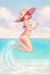  1girl annie_mei annie_mei_project armband barefoot beach bikini caleb_thomas earrings green_eyes hat jewelry jumping large_hat ocean redhead splashing subaru_(yachika) swimsuit water 