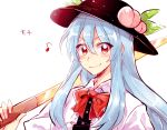  1girl blue_hair blush bow food fruit hat hat_ornament hinanawi_tenshi long_hair musical_note over_shoulder peach red_eyes six_(fnrptal1010) smile solo sword touhou weapon weapon_over_shoulder 