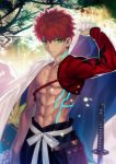  1boy emiya_shirou fate/stay_night fate_(series) katana muscle navel redhead short_hair solo sword weapon 