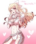  1girl armor bangs blonde_hair blue_eyes blunt_bangs blush bow breasts charlotte_(fire_emblem_if) cleavage fire_emblem fire_emblem_if frills hair_bow heart large_breasts long_hair michiko_(simi) navel open_mouth pauldrons solo spikes tears toned translation_request vambraces wavy_hair white_bow 