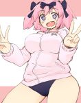  +_+ 1girl blue_eyes blush bow breasts buruma double_v hair_bow hibari_(senran_kagura) large_breasts looking_at_viewer marukakisuto open_mouth pink_hair senran_kagura senran_kagura_(series) short_hair short_twintails smile solo symbol-shaped_pupils track_jacket twintails v 