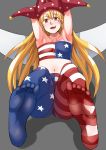  1girl absurdres adapted_costume american_flag_legwear arms_up ayakumo blonde_hair clownpiece fang flat_chest highres licking_lips long_hair looking_at_viewer midriff navel open_mouth pantyhose red_eyes solo strapless tongue tongue_out touhou tubetop very_long_hair 