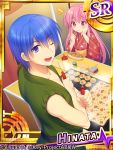  +_+ 1boy 1girl :t ;d angel_beats! blue_hair eating fuyuichi hand_on_own_cheek hinata_(angel_beats!) japanese_clothes kimono one_eye_closed open_mouth short_hair skewer sleeves_rolled_up smile symbol-shaped_pupils takoyaki violet_eyes yui_(angel_beats!) yukata 