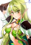  1girl 2015 dated elsword expressionless futo_20 green_eyes green_hair long_hair night_watcher_(elsword) pointy_ears rena_(elsword) revealing_clothes shiny shiny_skin shoulder_pads sidelocks solo white_background 