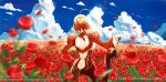  1girl ahoge aiovia blonde_hair blurry depth_of_field dress epaulettes fate/extra fate/stay_night fate_(series) field flower flower_field from_behind hair_ribbon red_dress ribbon saber_extra sky solo 