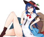  1girl bespectacled blue_hair food fruit glasses hat hinanawi_tenshi long_hair open_mouth peach red_eyes solo tetsurou_(fe+) touhou 