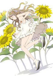  1girl bare_arms bare_legs brown_hair closed_eyes commentary_request dress flower head_wreath highres kansou_hada long_hair no_socks original shoes smile solo sunflower white_dress white_shoes 