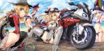  4girls :d armadillo-tokage ball beach beachball bikini bismarck_(kantai_collection) black_legwear blonde_hair blue_bikini blue_eyes blue_sky clouds detached_sleeves german_clothes green_eyes grey_legwear groin hat highres kantai_collection long_hair looking_at_viewer military military_hat military_uniform motor_vehicle motorcycle multiple_girls navel ocean one-piece_swimsuit open_mouth parted_lips pleated_skirt prinz_eugen_(kantai_collection) short_hair sitting skirt sky smile squatting swimsuit teeth thigh-highs twintails uniform vehicle z1_leberecht_maass_(kantai_collection) z3_max_schultz_(kantai_collection) 
