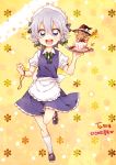  2girls apron blonde_hair blue_eyes cup food full_body hat in_food izayoi_sakuya kirisame_marisa maid maid_headdress mary_janes minigirl multiple_girls open_mouth pocket_watch running saucer shoes silver_hair six_(fnrptal1010) smile socks solo_focus spoon teacup touhou tray waist_apron watch witch_hat yellow_eyes younger 
