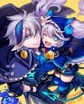  1boy 1girl 2015 ;d belt blue_hair blue_legwear blue_nails chiliarch_(elsword) ciel_(elsword) coat copyright_name cravat dreadlord_(elsword) earrings elsword hand_on_hip hood horns jacket_on_shoulders jewelry long_hair luciela_r._sourcream multicolored_hair nail_polish one_eye_closed open_mouth pants partly_fingerless_gloves pointy_ears shoes shorts sin_(btc86amme) smile streaked_hair symbol-shaped_pupils thigh-highs twintails two-tone_hair v white_hair yellow_background 