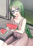  1girl blue_eyes braid casual food fruit glasses green_hair kantai_collection long_hair nekobaka single_braid solo watermelon yuugumo_(kantai_collection) 