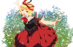  1girl blonde_hair bow flower hair_ornament hair_ribbon hasebe_yuusaku lily_of_the_valley medicine_melancholy open_mouth outstretched_arms puffy_sleeves ribbon shirt short_hair short_sleeves skirt smile solo touhou violet_eyes 