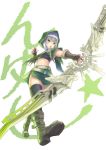  1girl bow_(weapon) fantasy_earth_zero fingerless_gloves gloves green_eyes highres hood midriff ryouku short_hair silver_hair solo thigh-highs weapon 