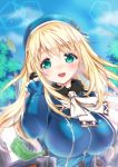  1girl atago_(kantai_collection) beret black_gloves blonde_hair blue_sky breasts gloves green_eyes hand_in_hair hat highres huge_breasts kantai_collection leaf lips long_hair long_sleeves looking_at_viewer military military_uniform open_mouth portrait shibi sky smile solo tree uniform 