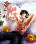  2boys artist_request asuka_ryou black_eyes black_hair blonde_hair blue_eyes chips couch devilman eye_contact eyebrows fudou_akira looking_at_another multiple_boys shirtless short_hair smile 