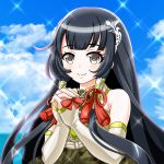  1girl bare_shoulders black_hair bow bridal_gauntlets clouds cloudy_sky detached_sleeves dress flower_(symbol) green_dress grey_eyes hair_ornament hair_ribbon hair_tubes hakama hands_clasped highres japanese_clothes kantai_collection large_bow light_smile long_hair looking_at_viewer mizuho_(kantai_collection) ribbon sidelocks sky solo sparkle tk8d32 upper_body 
