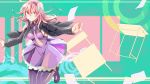  1girl blue_eyes chair dress gahata_meiji hairband jacket long_hair long_sleeves multicolored_eyes necktie open_clothes open_jacket pantyhose paper pink_eyes pink_hair purple_dress purple_legwear school_desk sleeveless sleeveless_dress solo toudou_charo utau 