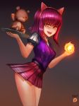  1girl animal_ears annie_hastur badcompzero fake_animal_ears fang fire league_of_legends long_hair looking_at_viewer pink_hair skirt small_breasts smile thighs tibbers tray yellow_eyes 
