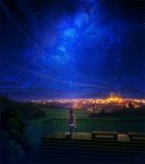  1girl bench cityscape constellation from_behind night original railing scenery shoes_removed sky solo star_(sky) starry_sky technoheart tree 