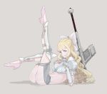  1girl axe bangs battle_axe blonde_hair blue_eyes blunt_bangs blush bow breast_suppress breasts charlotte_(fire_emblem_if) cleavage fire_emblem fire_emblem_if grey_background hair_bow high_heels highres kabawo large_breasts lips long_hair pauldrons pink_shoes planted_weapon shadow shoes simple_background smile solo spikes vambraces weapon white_bow 