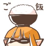 1girl closed_eyes inkling long_hair lowres object_on_head open_mouth orange_hair rebecca_(keinelove) rice rice_bowl splatoon 