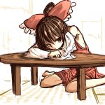  1girl 370ml armpits bent_over black_hair bow brown_eyes detached_sleeves hair_bow hair_ornament hakurei_reimu head_on_arm japanese_clothes long_hair looking_to_the_side miko red_bow sitting sketch solo table touhou 