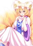  1girl blonde_hair blush breasts dress fox_tail hat hat_with_ears highres large_breasts looking_at_viewer multiple_tails open_mouth panties pink_panties short_hair sitting slit_pupils solo tabard tail touhou underwear white_dress wide_sleeves wildcat_(kusonemi) yakumo_ran yellow_eyes 