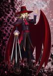  1boy arm_up ascot between_fingers blonde_hair fangs fedora grimorigin grin hat highres original pants pointy_ears red_hat smile sword vampire weapon wraith_the_etoile 