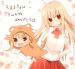  1girl animal_costume blonde_hair brown_eyes chibi dakimakura_(object) doma_umaru dual_persona hamster_costume himouto!_umaru-chan hood kujiran long_hair multiple_girls open_mouth pillow smile translation_request 