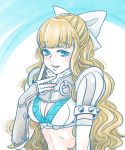  1girl blonde_hair blue_eyes bow breasts charlotte_(fire_emblem_if) cleavage fire_emblem fire_emblem_if fur_trim hair_bow large_breasts lips long_hair midriff parted_lips pauldrons shirokuro_(0501) smile solo spikes upper_body wavy_hair white_bow 
