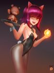  1girl animal_ears annie_hastur badcompzero bunny_tail bunnysuit fake_animal_ears fang fire league_of_legends long_hair looking_at_viewer pantyhose pink_hair small_breasts smile tail thighs tibbers tray yellow_eyes 