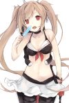  1girl adapted_costume bikini_top black_skirt brown_hair collarbone cowboy_shot hasunokaeru highres holding_food kantai_collection long_hair looking_at_viewer murasame_(kantai_collection) open_mouth popsicle red_eyes sketch skirt smile solo twintails 