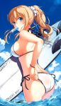  1girl ass bikini blonde_hair blue_eyes breasts clouds english highres liu_guniang long_hair mouth_hold original ponytail popsicle sideboob solo summer swimsuit water wristband 