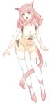  1girl :d animal_ears between_legs breasts brown_ribbon cat_ears cat_tail cleavage final_fantasy final_fantasy_xiv green_eyes large_breasts leaning_forward long_hair looking_at_viewer miqo&#039;te open_mouth pink_hair ribbon shorts simple_background smile solo tail tail_between_legs thigh-highs white_background white_legwear 