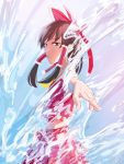  1girl amino_(tn7135) bow brown_eyes brown_hair detached_sleeves hair_bow hair_tubes hakurei_reimu japanese_clothes long_hair looking_at_viewer midriff miko outstretched_arm skirt solo touhou water 