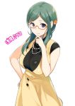  1girl azami_miwako breasts character_name dress green_hair hand_on_hip hand_on_own_chin jewelry necklace orange-framed_glasses sasamori_tomoe simple_background solo tokyo_7th_sisters white_background yellow_dress 