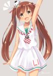  1girl abcd2345 absurdres brown_eyes brown_hair fang hair_ribbon hat highres kantai_collection libeccio_(kantai_collection) long_hair open_mouth ribbon sailor_dress smile solo twintails 