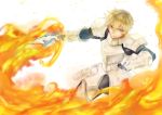  1boy armor blonde_hair fate/prototype fate/stay_night fate_(series) faulds fire gauntlets male_focus pauldrons saber_(fate/prototype) short_hair solo sword urako weapon 